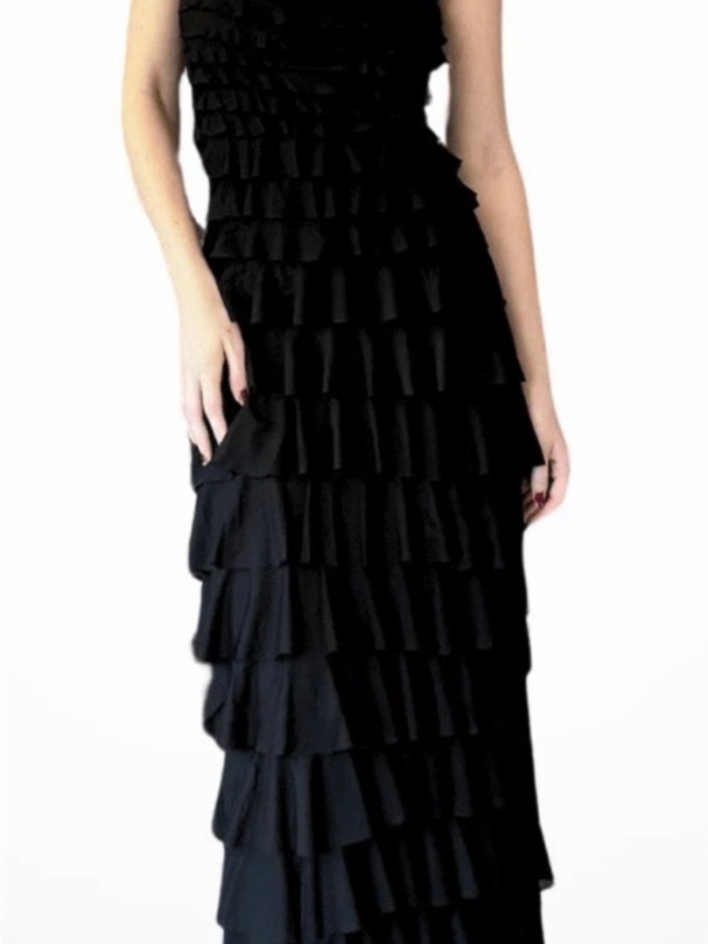 Joseph Ribkoff Black Tiered Ruffle Maxi Dress Body-con scoop neck size 8